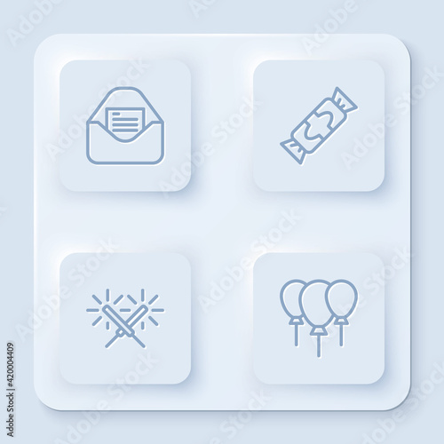 Set line Christmas party invitation card, Candy, Sparkler firework and Balloons with ribbon. White square button. Vector