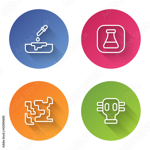 Set line Petri dish with pipette, Test tube and flask, Gaseous and mask. Color circle button. Vector