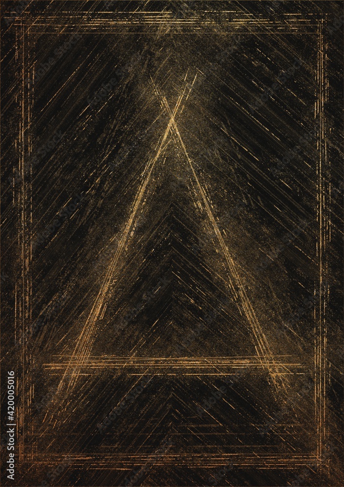 Alchemy symbol - Fire. Classical four elements. Digital artwork, A4. Element has golden glittery texture. Fabric texture on the background.