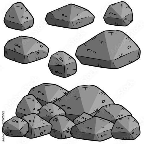 Set of gray cartoon granite stones of different shapes. Element of nature, mountains, rocks, caves on white background. Minerals, boulder and cobble