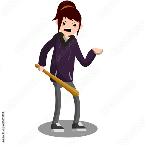 Woman with baseball bat is extorting money. Problem of urban security. Thief at work. Extortion and robbery. Rebel and riot