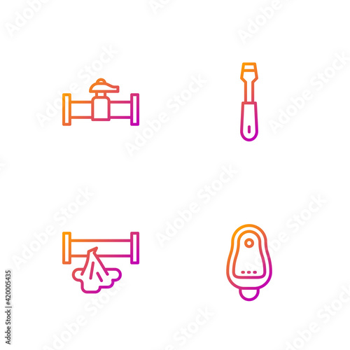 Set line Toilet urinal or pissoir, Broken pipe, Industry and valve and Screwdriver. Gradient color icons. Vector