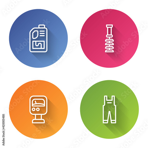 Set line Drain cleaner bottle, Toilet brush, Pressure water meter and Work overalls. Color circle button. Vector