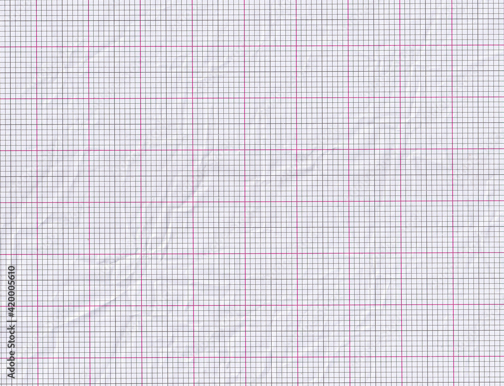 White crumpled paper. Red graph lines. White graph paper background texture. White crumpled paper. Red graph lines. White graph paper background texture.