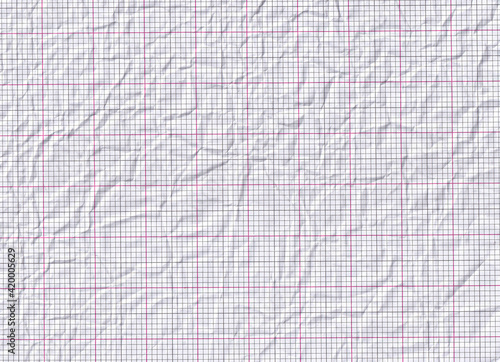 Heavy crumpled paper texture. Heavy crumpled paper. Red graph lines. White graph paper background texture.