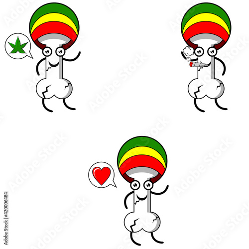 cartoon illustration of bone rastafari hat doodle character with marijuana cigarette and chat bubble