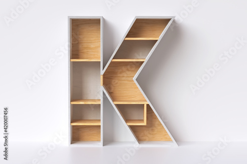 Store wood shelves in the shape of letter    K    nice to display eco friendly products or objects. 3D rendering.