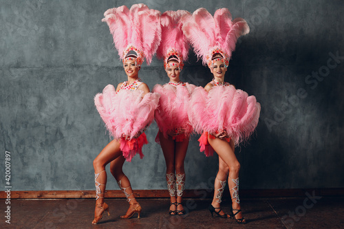 Valokuvatapetti Three Women in cabaret costume with pink feathers plumage