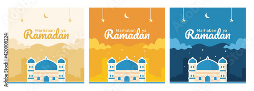 Set of islamic background marhaban ya ramadan templates with mosque flat design style. Square Banner with 3 color, navy, orange and cream.