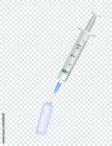 Vaccine, medicine for injection, botax is drawn from a ampoule into a syringe. Mock up for your design. Transparent background. Realistic 3d vector illustration.