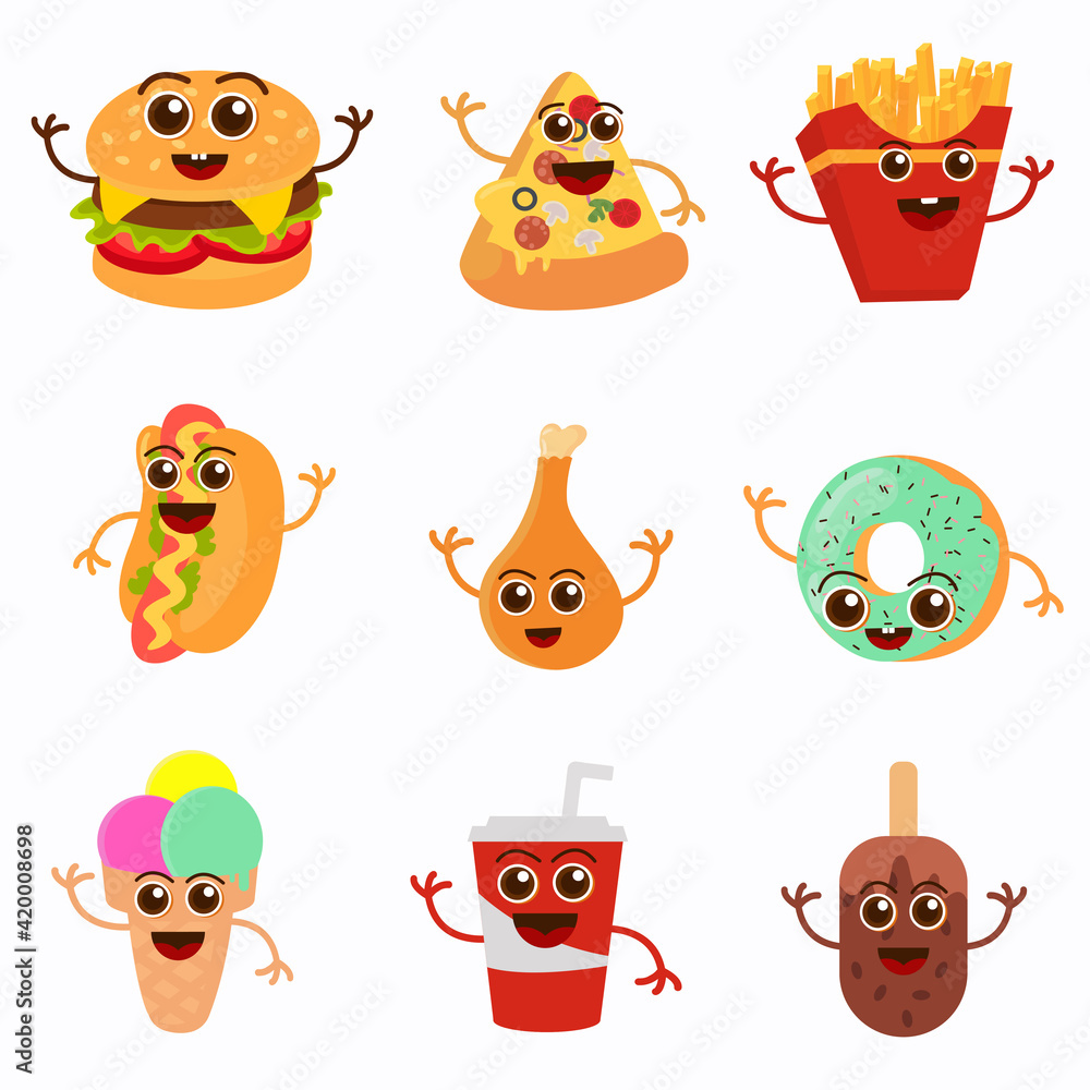 Cartoon fast food mascots. Street food character, french fries and ...