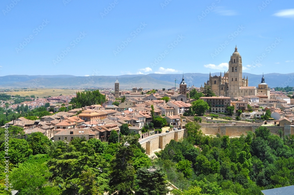 View of Segovia old town and Segovia cathedral, Spain