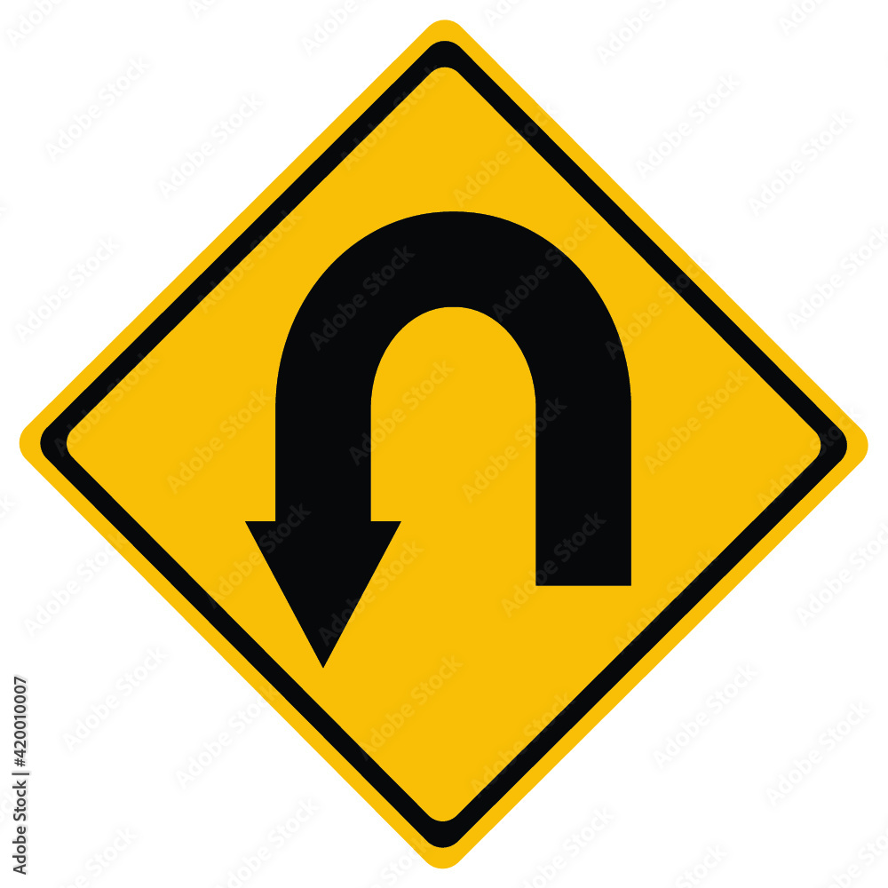 U-Turn Roadsign - Yellow road sign with turn symbol isolated on white background U-Turn Roadsign - Yellow road sign with turn symbol isolated on white background