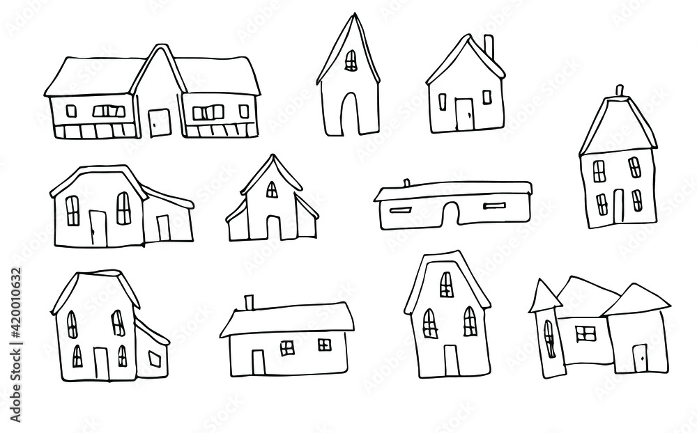 Doodles house hand drawing. Line art. Posters. Home, building. Illustration. Cartoon. Elements with window and doors.