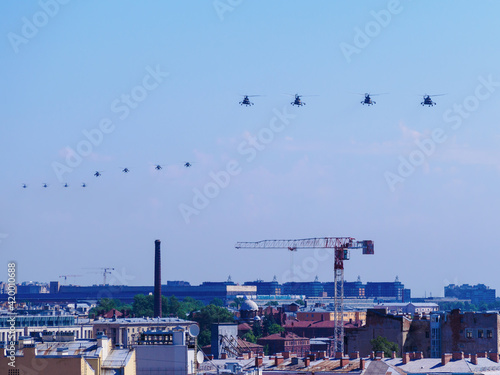 Russia, St. Petersburg - June 24, 2020: Victory Parade in honor of the 75th anniversary of the end of The Great Patriotic War - helicopter