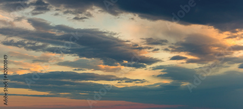 Sunset sky with dramatic clouds. Natural background.