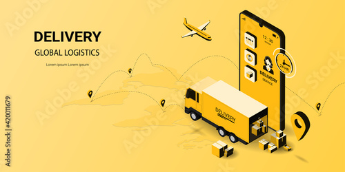 Delivery service online on smartphone or website, online order, Digital marketing. Truck, plane, warehouse and parcel box. Concept for website and banner. Isometric vector illustration