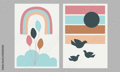 Set two of nursery wall art. Colorful rainbow, sun and birds of wall decor. Scandinavian wall Decorations for kids. Vector Ilustration.