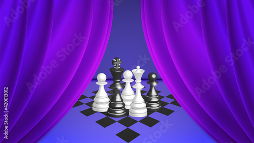 3D black and white chess pieces on a chessboard in projection. King, queen and pawn figures on stage with purple wavy curtain