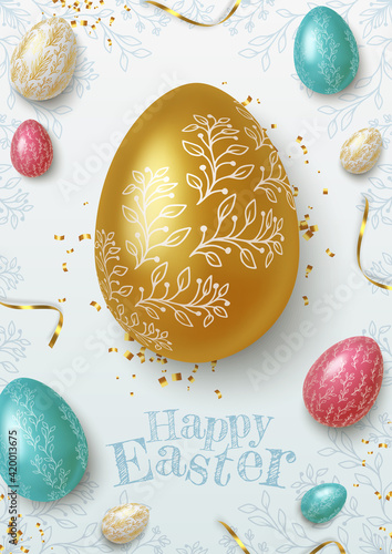 Easter greeting background with realistic golden, blue and white Easter eggs. Vector