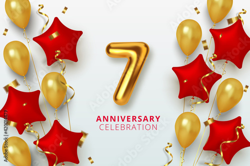 7 Anniversary celebration Number in the form star of golden and red balloons. Realistic 3d gold numbers and sparkling confetti, serpentine. Vector
