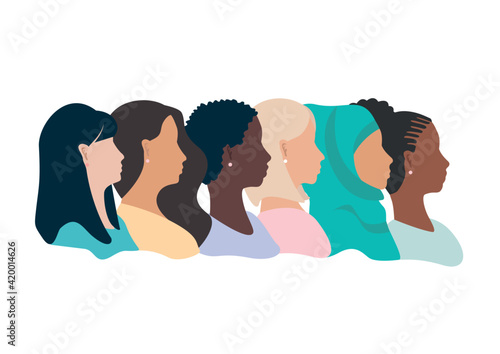 Vector horizontal template profile of girls of different nationalities and cultures stand together one after another on a white background. European, African American, Asian, Muslim.