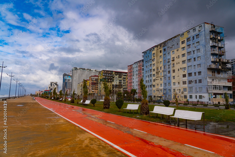Batumi, Georgia - March 12, 2021: embankment in Batumi after rain