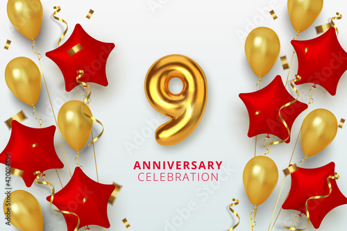 9 Anniversary celebration Number in the form star of golden and red balloons. Realistic 3d gold numbers and sparkling confetti, serpentine. Vector