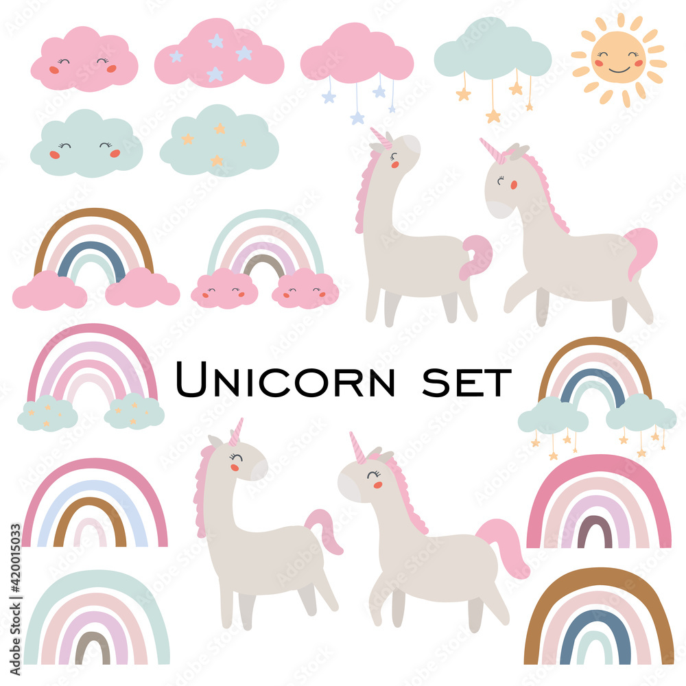Unicorn set with pink rainbow, clouds, sun for scrrapbookig, cards, fabric, logo, icon, srickers, decoration Unicorn set with pink rainbow, clouds, sun for scrrapbookig, cards, fabric, logo, icon, srickers, decoration
