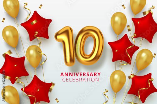 10 Anniversary celebration Number in the form star of golden and red balloons. Realistic 3d gold numbers and sparkling confetti, serpentine. Vector