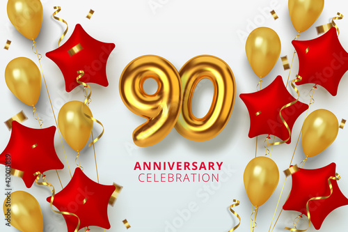 90 Anniversary celebration Number in the form star of golden and red balloons. Realistic 3d gold numbers and sparkling confetti, serpentine. Vector