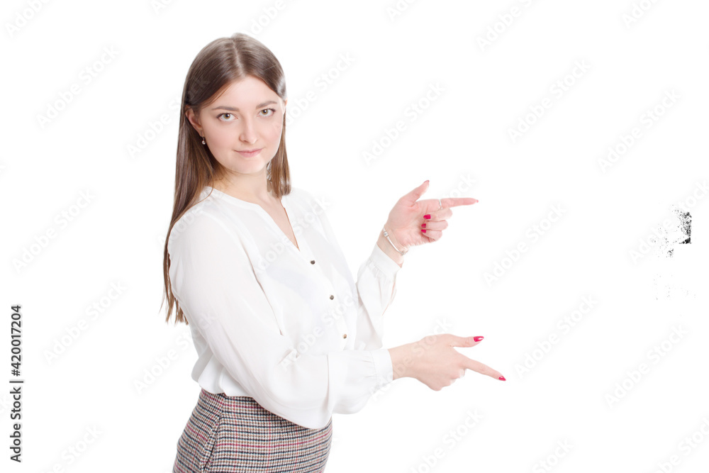 portrait of a young businesswoman in a white shirt and plaid skirt. portrait of a young businesswoman in a white shirt and plaid skirt.