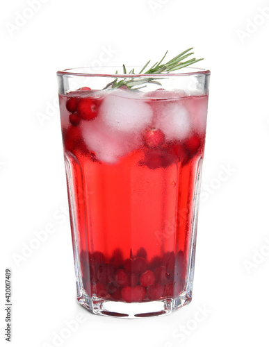 Tasty refreshing cranberry cocktail with rosemary isolated on white