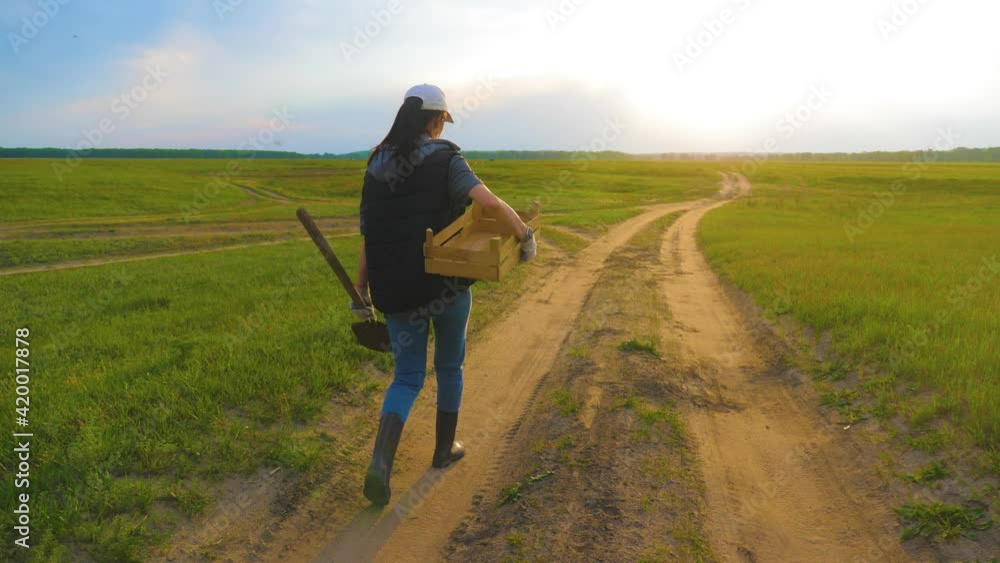 Woman farmer holding shovel in his hand walking across green field a pile of dirt soil. Agronomist goes to work early in the morning. Legs in rubber boots on a dusty dirt road near an field. Woman farmer holding shovel in his hand walking across green field a pile of dirt soil. Agronomist goes to work early in the morning. Legs in rubber boots on a dusty dirt road near an field.