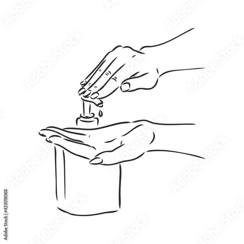 hands using hand sanitizer gel pump dispenser or alcohol to protect Covid-19 virus or coronavirus vector illustration sketch doodle hand drawn isolated on white background