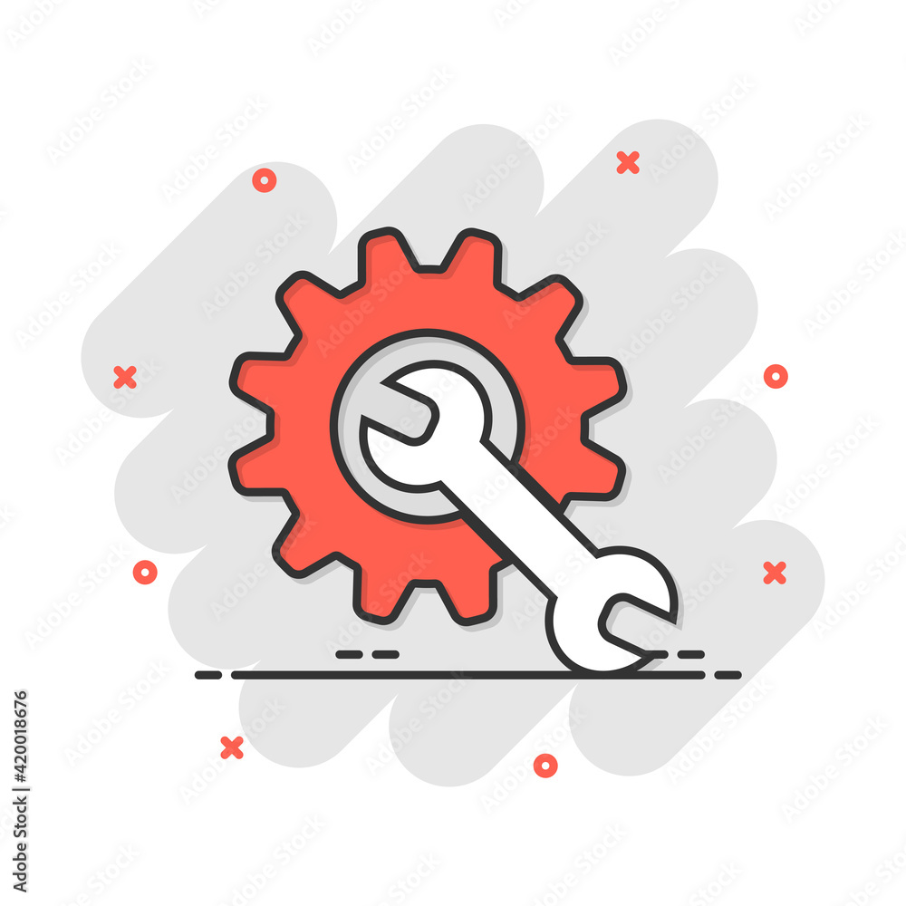 Vector cartoon service tool icon in comic style. Cogwheel with wrench sign illustration pictogram. Workshop business splash effect concept. Vector cartoon service tool icon in comic style. Cogwheel with wrench sign illustration pictogram. Workshop business splash effect concept.