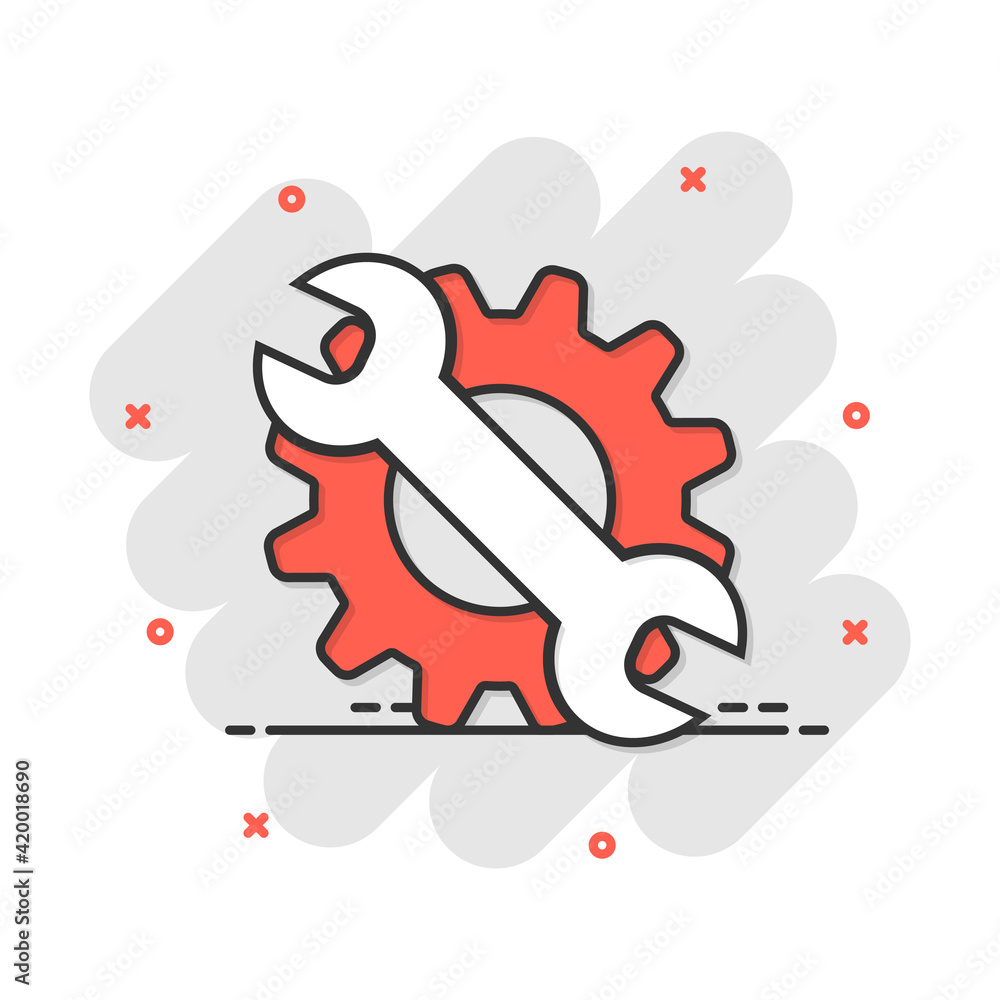Vector cartoon service tool icon in comic style. Cogwheel with wrench sign illustration pictogram. Workshop business splash effect concept. Vector cartoon service tool icon in comic style. Cogwheel with wrench sign illustration pictogram. Workshop business splash effect concept.