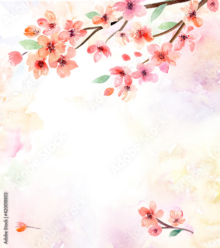 Watercolor flowers. Sakura. Set of watercolor flowers  leaves and branches 