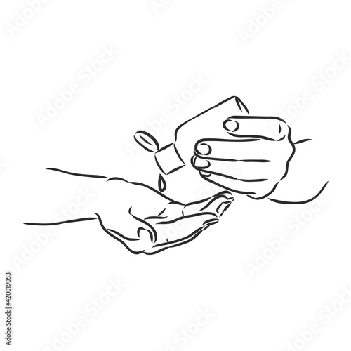 hands using hand sanitizer gel pump dispenser or alcohol to protect Covid-19 virus or coronavirus vector illustration sketch doodle hand drawn isolated on white background