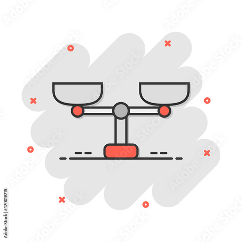 Vector cartoon scale weigher icon in comic style. Weigher sign illustration pictogram. Balance business splash effect concept.