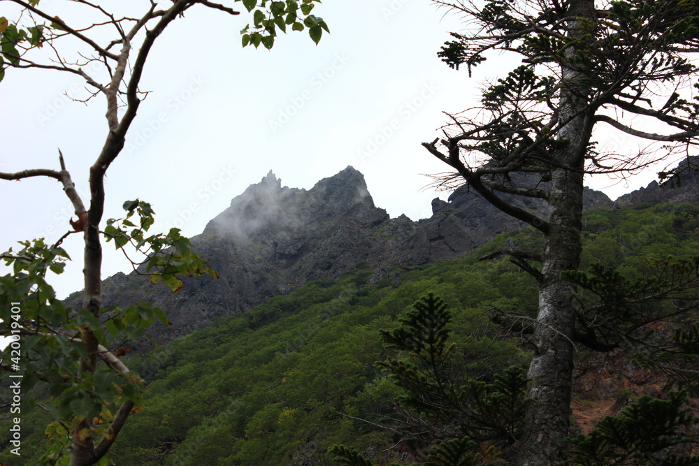 登山道より赤岳の頂上を望む。　八ヶ岳の代表的山、赤岳。
