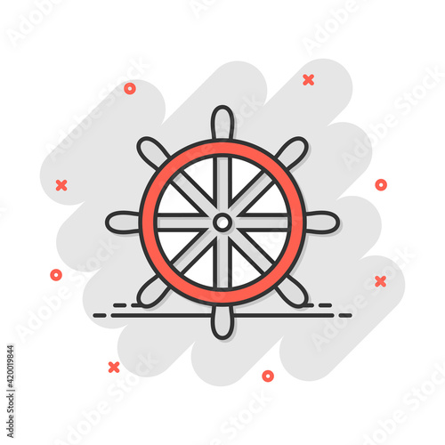 Vector cartoon steering wheel rudder icon in comic style. Rudder wheel sign illustration pictogram. Steering rudder business splash effect concept.