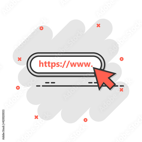 Cartoon colored go to web icon in comic style. Globe search illustration pictogram. WWW url sign splash business concept.