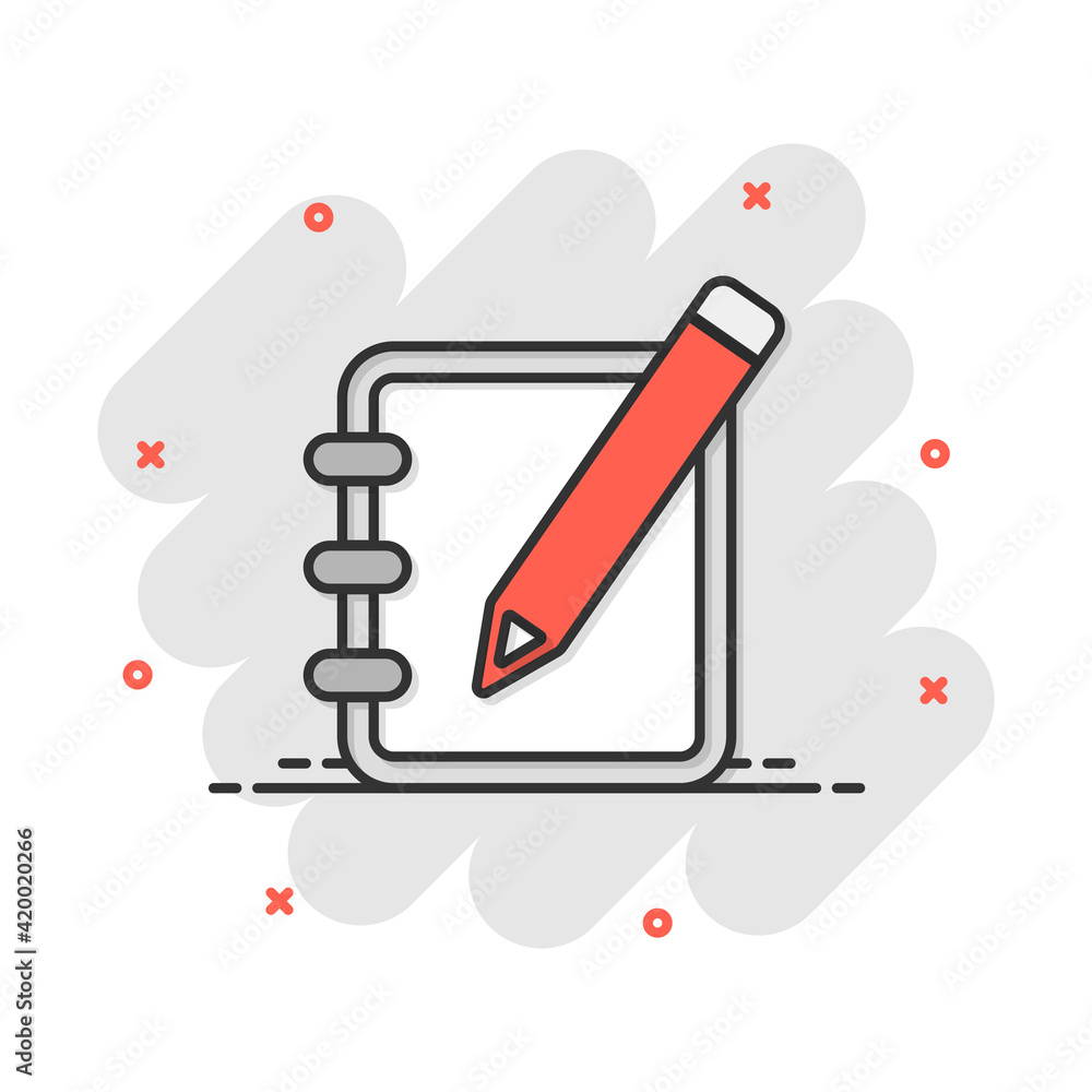 Vector cartoon notepad edit document with pencil icon in comic style. Notepad concept illustration pictogram. Document business splash effect concept. Vector cartoon notepad edit document with pencil icon in comic style. Notepad concept illustration pictogram. Document business splash effect concept.