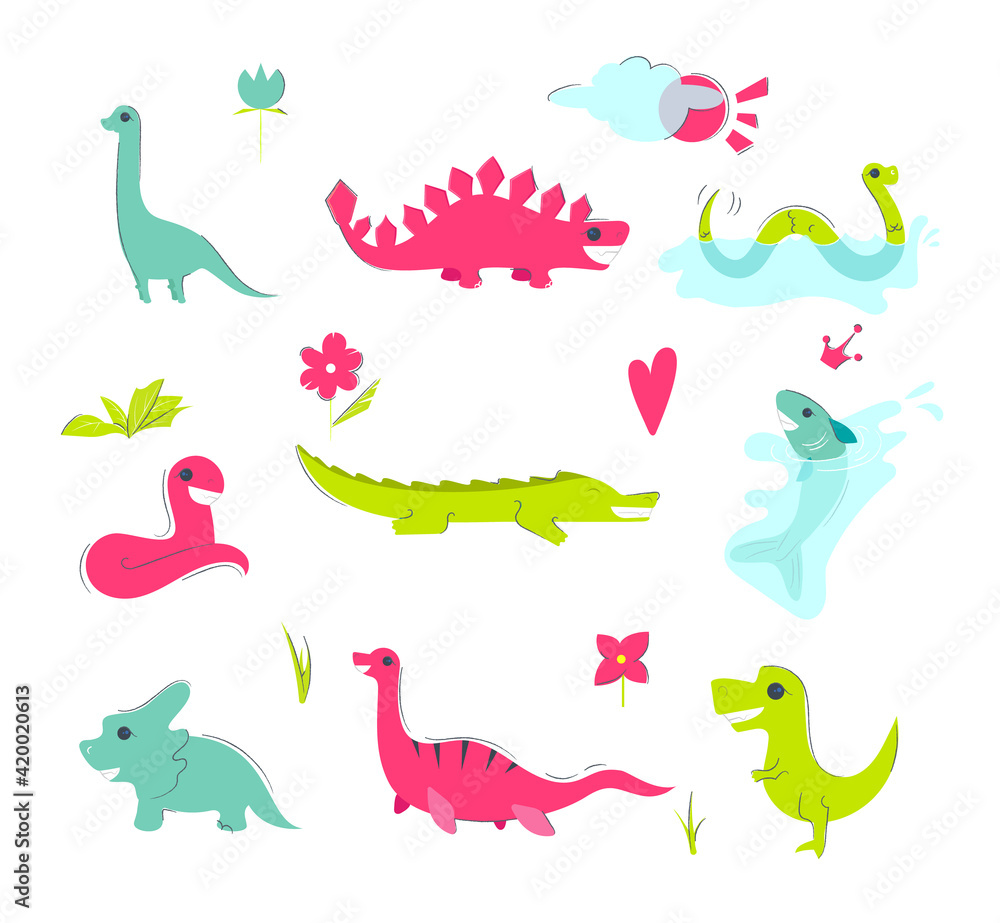 Hand drawn dinosaurs, tropical leaves and flowers. Cute dino design elements. Vector illustration.