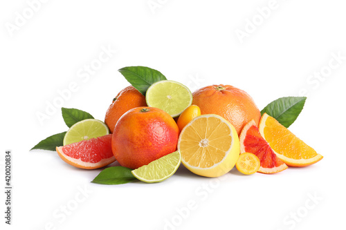 Fresh juicy citrus fruits with green leaves on white background