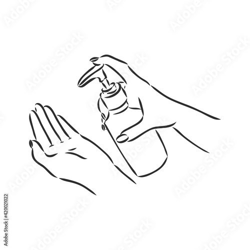 hands using hand sanitizer gel pump dispenser or alcohol to protect Covid-19 virus or coronavirus vector illustration sketch doodle hand drawn isolated on white background