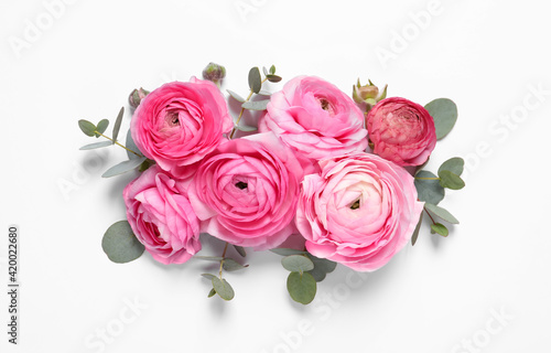 Beautiful ranunculus flowers on white background  top view