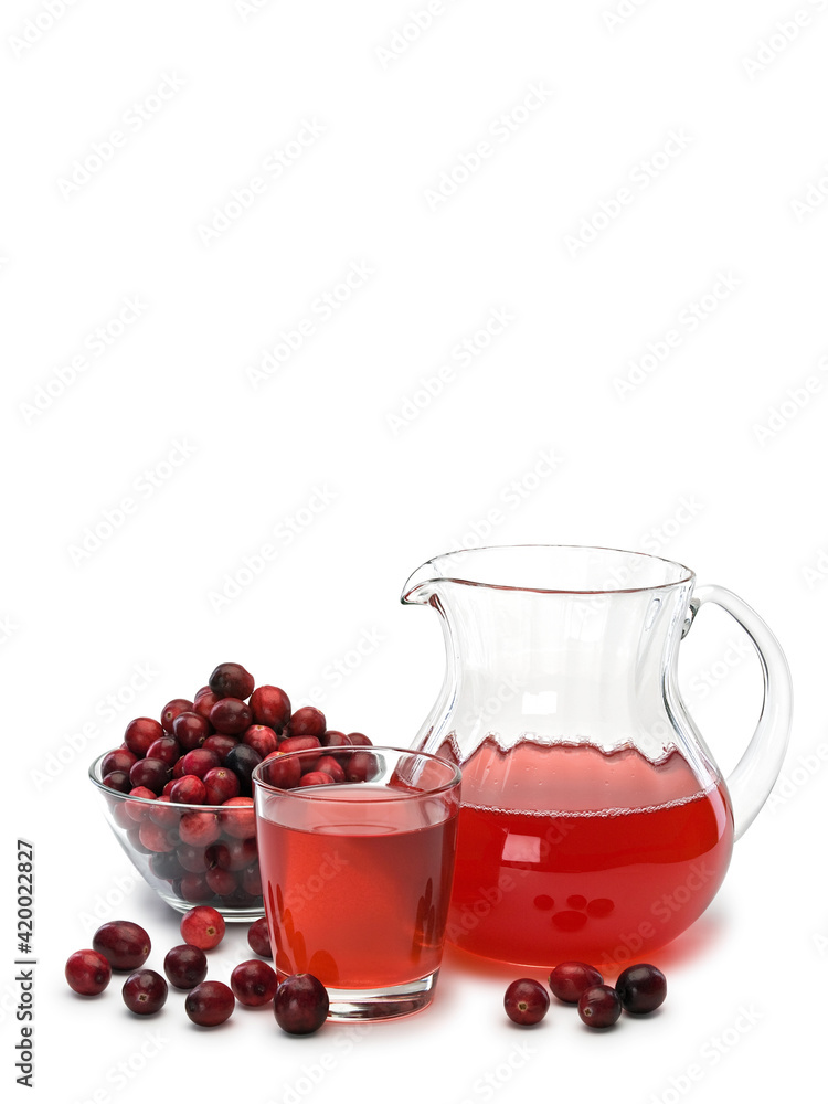 Berries of cranberry and cranberry berry juice in glassware Berries of cranberry and cranberry berry juice in glassware