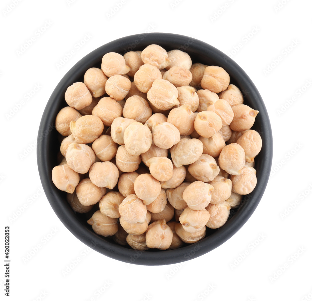 Chickpeas in bowl on white background, top view. Natural food Chickpeas in bowl on white background, top view. Natural food